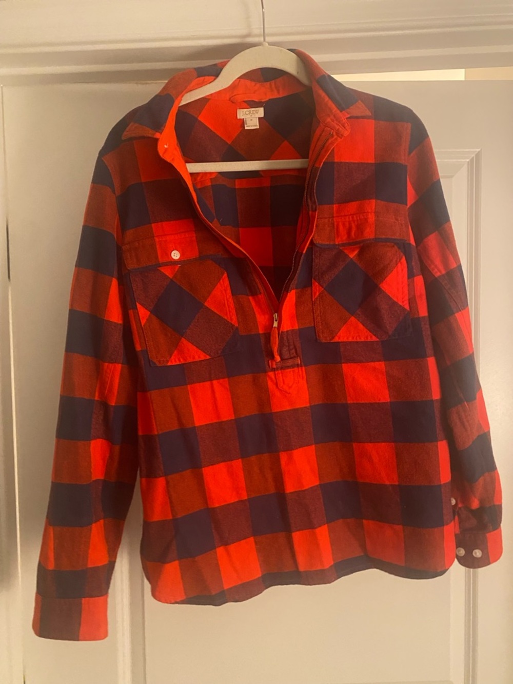 J. Crew Red and Navy Plaid Quarter Zip Shirt